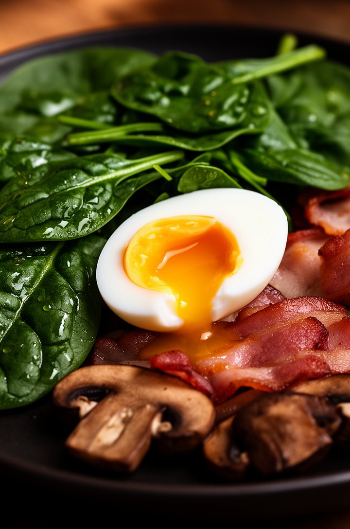 Extreme close-up of baby spinach leaves slightly wilted and glossy from warm vinaigrette, halved soft-boiled egg with deep golden jammy yolk oozing out, crispy bacon pieces, sliced brown mushrooms, on