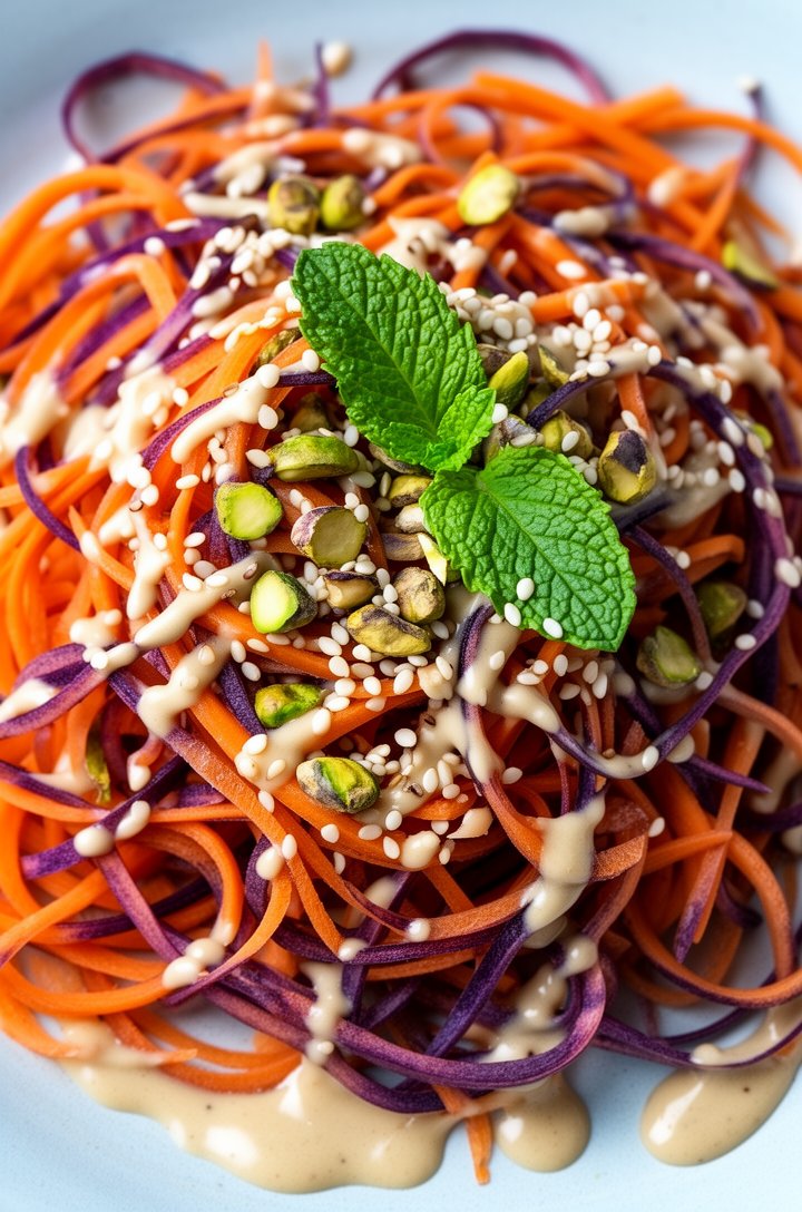 Extreme close-up of long thin carrot ribbons in various orange and purple hues curled and piled high, drizzled with creamy tahini dressing, scattered with white sesame seeds, bright green mint leaves,