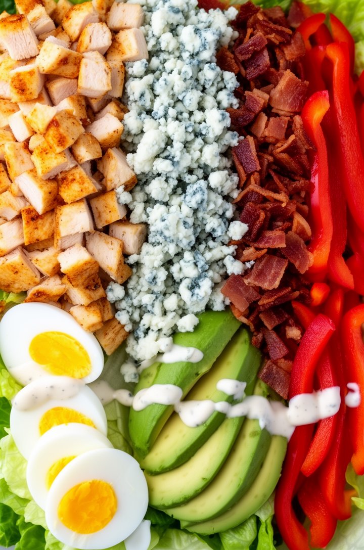 Extreme close-up overhead of a composed Cobb salad with neat rows of diced ingredients — golden roasted chicken, crumbled blue cheese, crispy bacon bits, hard-boiled egg slices showing bright yellow y